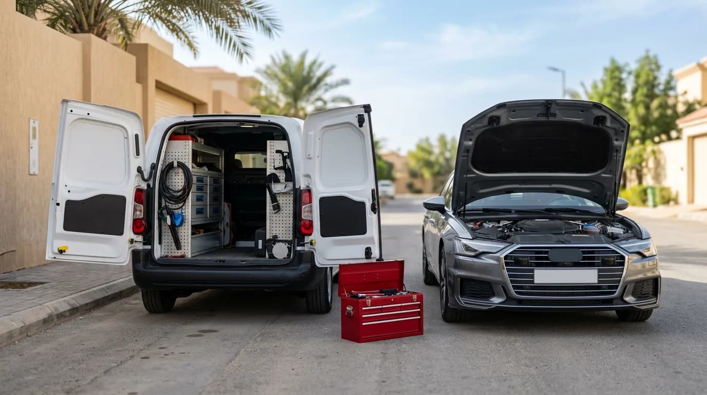 فني ورشة اودي المتنقلة يفحص سيارة اودي بجهاز VCDS أمام منزل العميل في الرياض