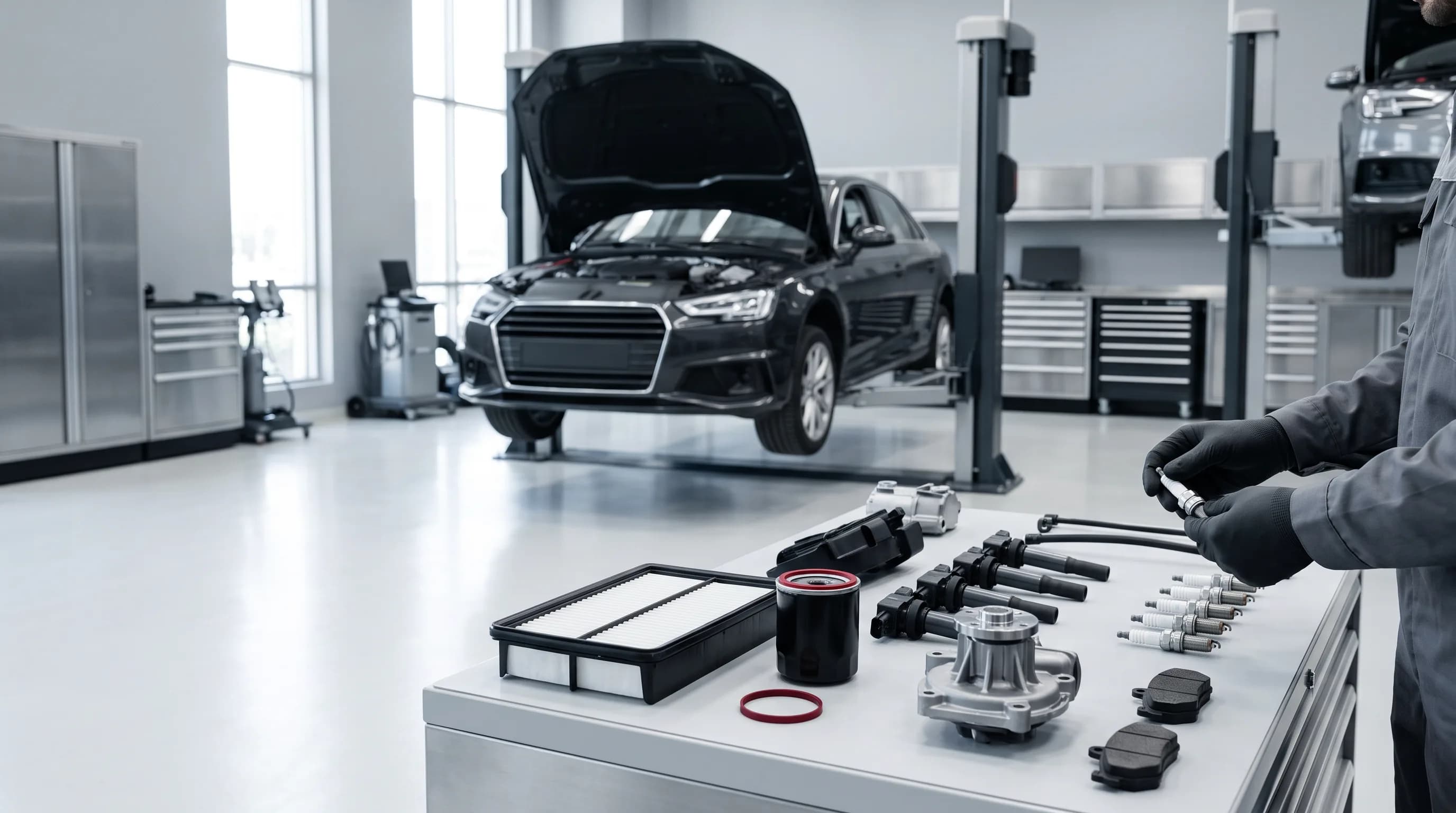 Genuine parts set فني يطابق قطعة غيار اودي أصلية برقم الهيكل VIN على رف قطع الغيار بالورشة