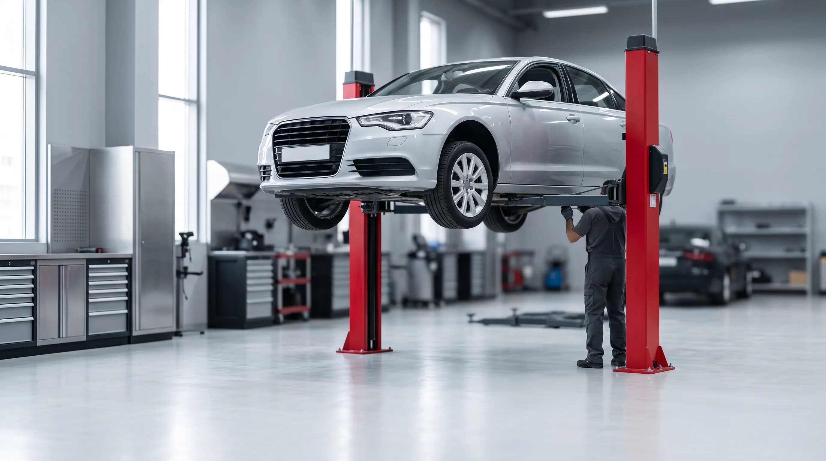 Sedan on the lift Audi A4 on a lift during routine service at a Riyadh workshop