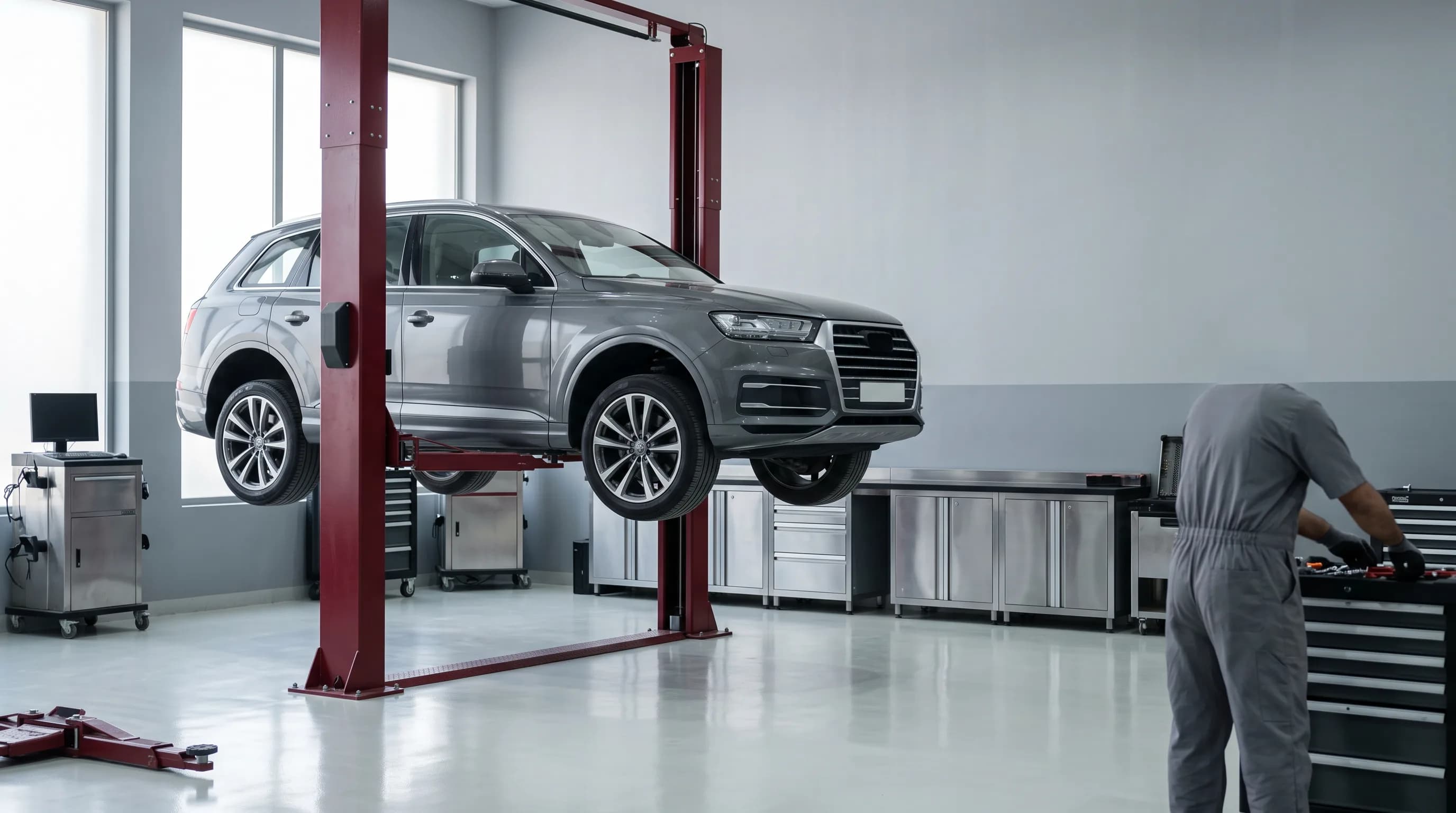 SUV on the lift A late-model Audi Q8 arriving at the specialist Audi workshop from North Riyadh