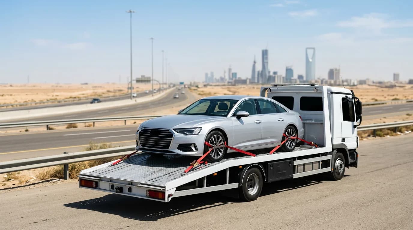 Towing across Riyadh سطحة هيدروليكية كاملة تنقل سيارة اودي معطلة إلى ورشة متخصصة بالرياض
